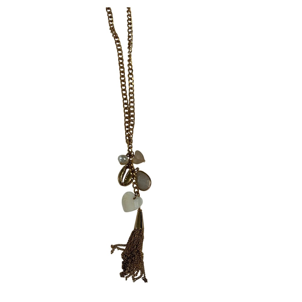 Gold Tone Long Tassel Charm Necklace Cowrie Shell Heart Pearl Layering Coastal